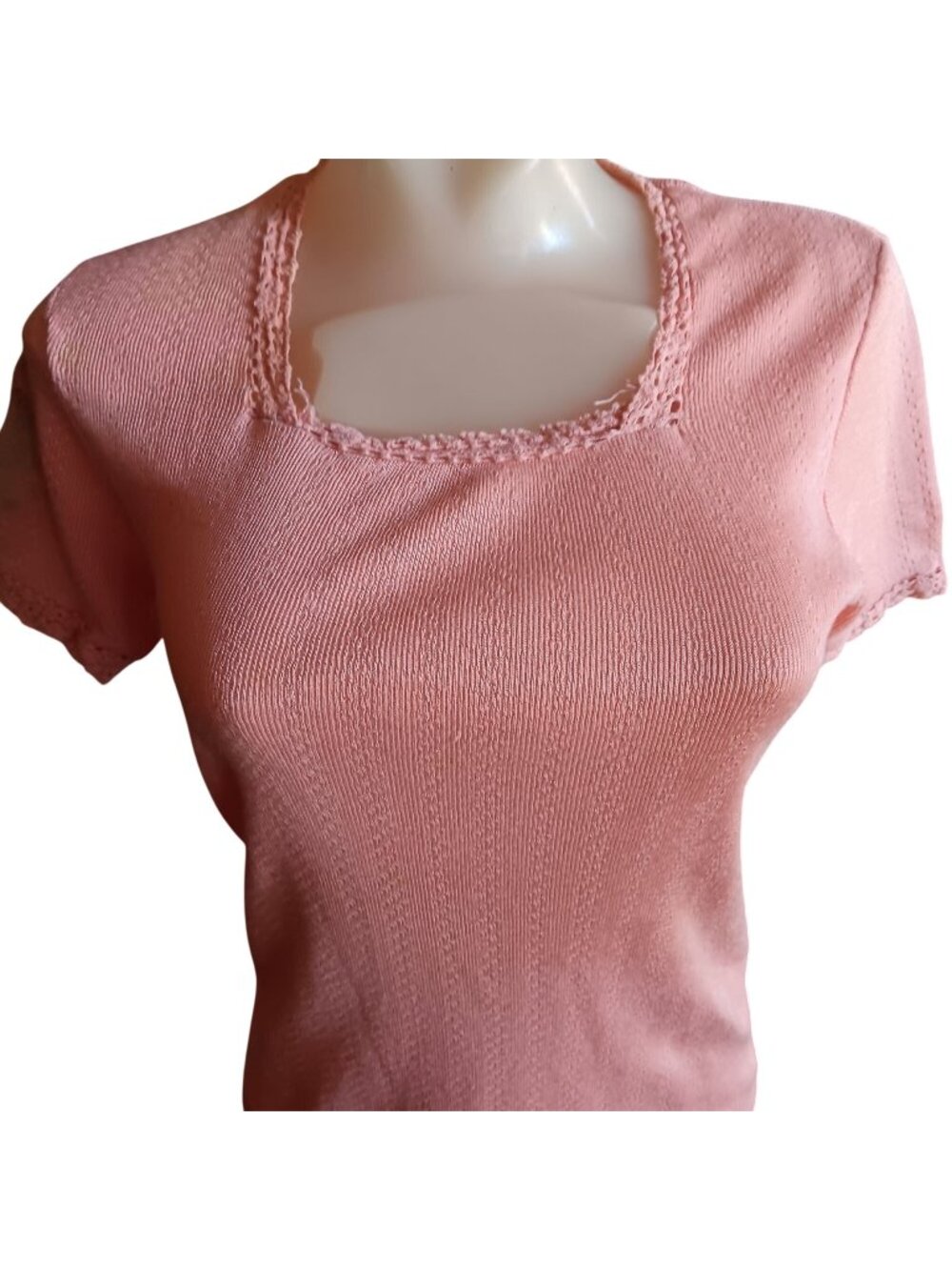 K-mart 80's Vintage Women's Small Knitted Top Trash Pink Short-Sleeve Lace Trim